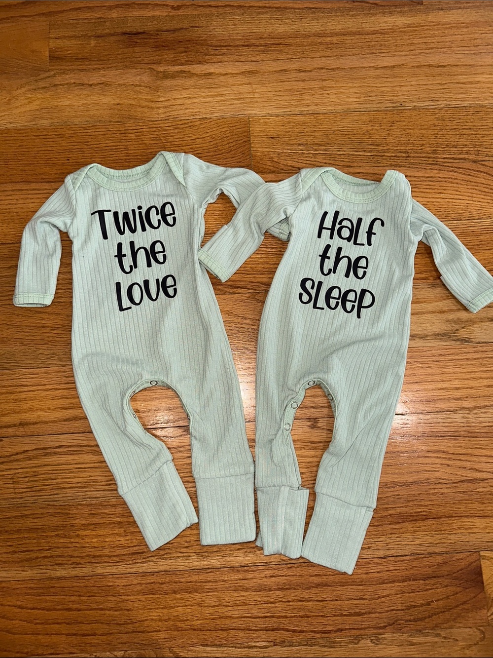 Mint Ribbed NB Twin Baby Rompers - "Twice the Love" & "Half the Sleep"